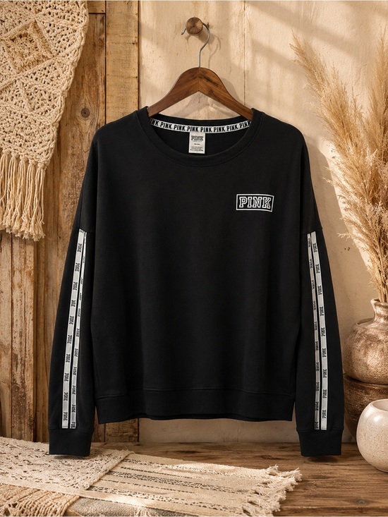 PINK Victoria's Secret Tops - PINK Victoria Secret Black Logo Crewneck Sweatshirt Long Sleeve Size Medium